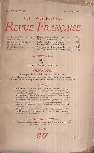 Bild des Verkufers fr La Nouvelle Revue Franaise Mars 1940 N 318 zum Verkauf von PRISCA