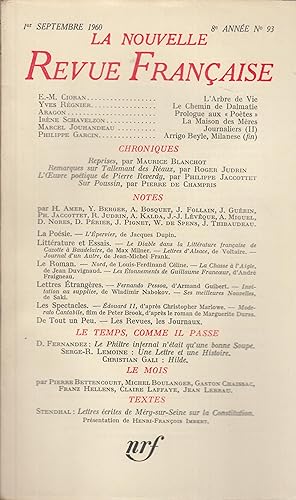 Imagen del vendedor de La Nouvelle Revue Franaise - 8e anne - N 93 - 1er Septembre 1960. a la venta por PRISCA