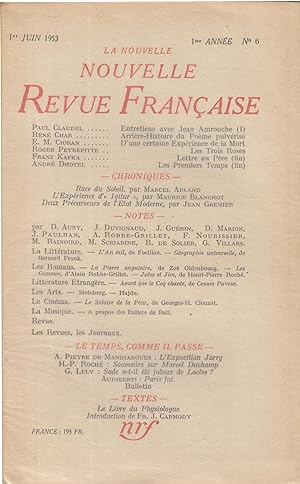 Bild des Verkufers fr La Nouvelle Nouvelle Revue Franaise 1re anne N 6 - 1er Juin 1953 zum Verkauf von PRISCA