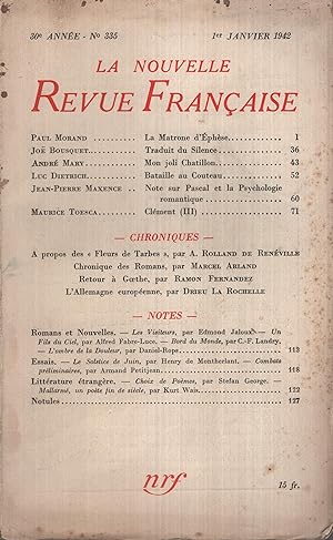 Bild des Verkufers fr La Nouvelle Revue Franaise Janvier 1942 N 335 zum Verkauf von PRISCA