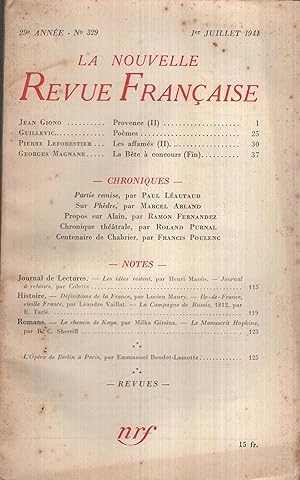Bild des Verkufers fr La Nouvelle Revue Franaise Juillet 1941 N 329 zum Verkauf von PRISCA