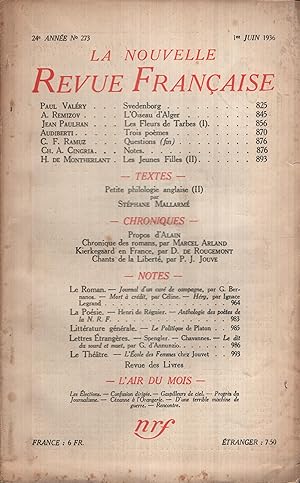 Image du vendeur pour La Nouvelle Revue Franaise Juin 1936 N 273 mis en vente par PRISCA
