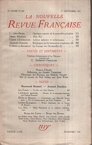 Bild des Verkufers fr La Nouvelle Revue Franaise Septembre 1933 N 240 zum Verkauf von PRISCA