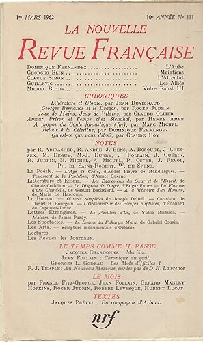 Immagine del venditore per La Nouvelle Revue Franaise - 1er Mars 1962 - 10e anne - N 111 venduto da PRISCA