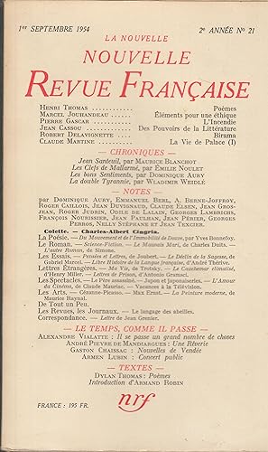 Bild des Verkufers fr La Nouvelle Revue Franaise - 2e anne - N 21 - 1er Septembre 1954. zum Verkauf von PRISCA