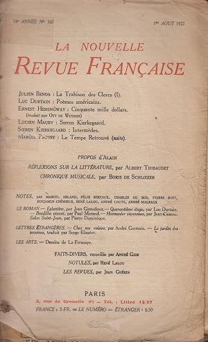 Bild des Verkufers fr La Nouvelle Revue Franaise Aot 1927 N 167 zum Verkauf von PRISCA