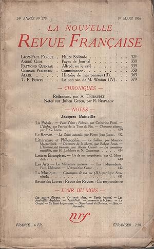 Immagine del venditore per La Nouvelle Revue Franaise Mars 1936 N 270 venduto da PRISCA