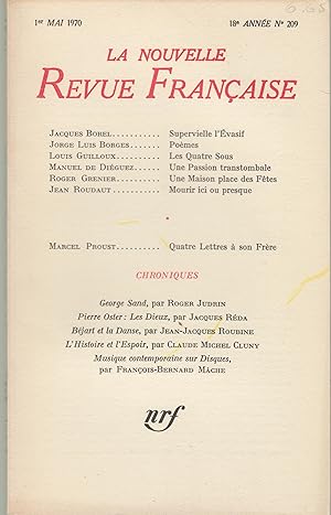 Bild des Verkufers fr La Nouvelle Revue Franaise - 1er Mai 1970 - 18e anne - N 209 zum Verkauf von PRISCA