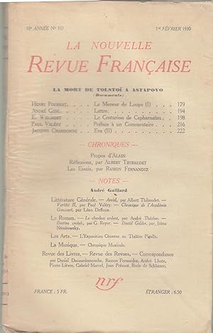 Immagine del venditore per La Nouvelle Revue Franaise - 18e anne N 197 - 1er Fvrier 1930. venduto da PRISCA