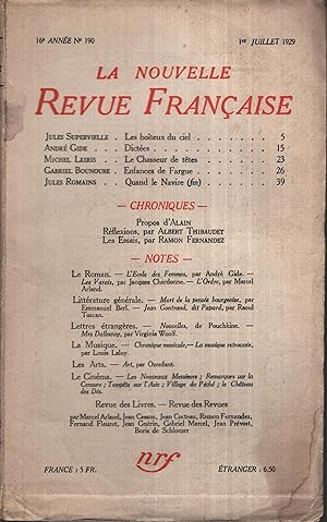 Bild des Verkufers fr La Nouvelle Revue Franaise Juillet 1929 N 190 zum Verkauf von PRISCA