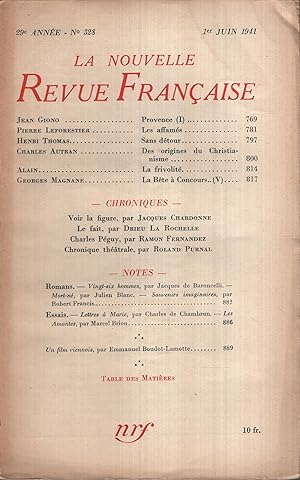 Bild des Verkufers fr La Nouvelle Revue Franaise Juin 1941 N 328 zum Verkauf von PRISCA