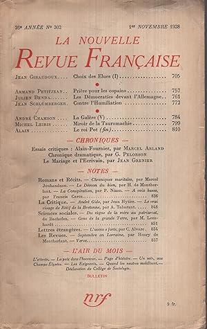 Imagen del vendedor de La Nouvelle Revue Franaise Novembre 1938 N 302 a la venta por PRISCA