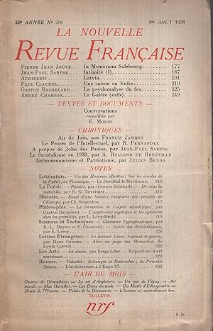 Seller image for La Nouvelle Revue Franaise Aot 1938 N 299 for sale by PRISCA