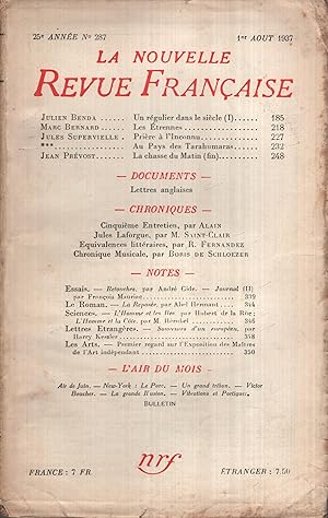 Seller image for La Nouvelle Revue Franaise Aot 1937 N 287 for sale by PRISCA