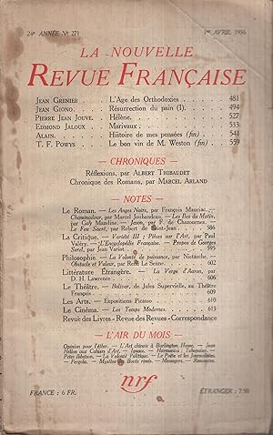 Seller image for La Nouvelle Revue Franaise Avril 1936 N 271 for sale by PRISCA
