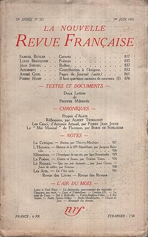 Bild des Verkufers fr La Nouvelle Revue Franaise Juin 1935 N 261 zum Verkauf von PRISCA