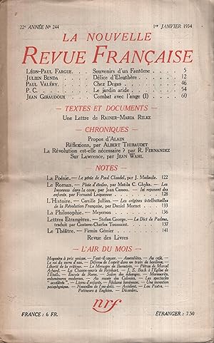 Immagine del venditore per La Nouvelle Revue Franaise Janvier 1934 N 244 venduto da PRISCA