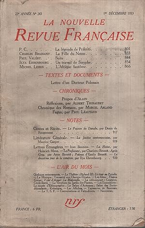 Bild des Verkufers fr La Nouvelle Revue Franaise Dcembre 1933 N 243 zum Verkauf von PRISCA