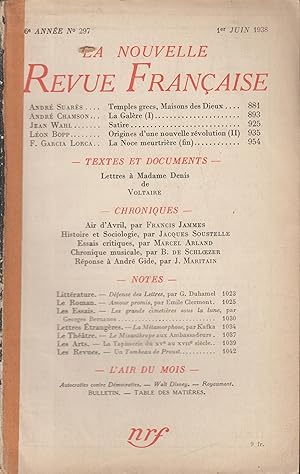 Bild des Verkufers fr La Nouvelle Revue Franaise Juin 1938 N 297 zum Verkauf von PRISCA