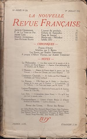 Imagen del vendedor de La Nouvelle Revue Franaise Juillet 1932 N 226 a la venta por PRISCA