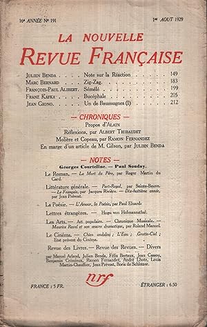 Seller image for La Nouvelle Revue Franaise Aot 1929 N 191 for sale by PRISCA