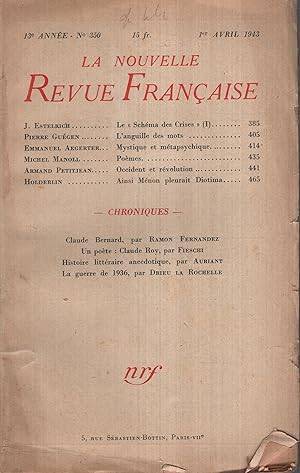 Image du vendeur pour La Nouvelle Revue Franaise Avril 1943 N 350 mis en vente par PRISCA