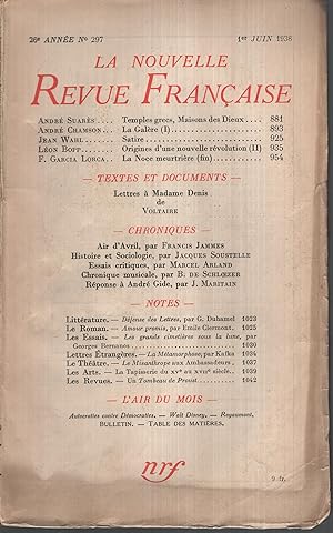 Imagen del vendedor de La Nouvelle Revue Franaise Juin 1938 N 297 a la venta por PRISCA