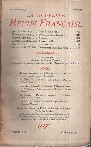 Seller image for La Nouvelle Revue Franaise Juin 1931 N 213 for sale by PRISCA