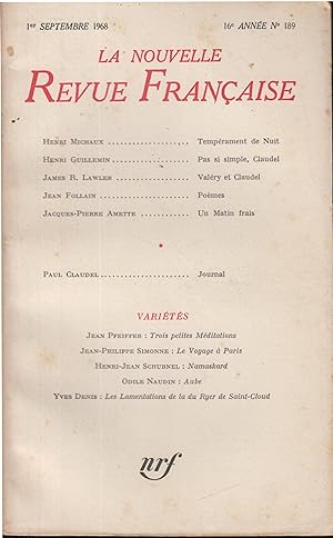 Imagen del vendedor de La Nouvelle Revue Franaise Septembre 1968 N 189 a la venta por PRISCA