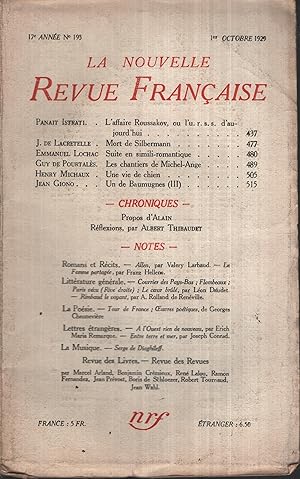 Bild des Verkufers fr La Nouvelle Revue Franaise Octobre 1929 N 193 zum Verkauf von PRISCA