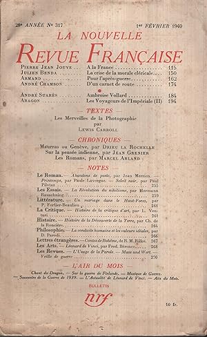 Image du vendeur pour La Nouvelle Revue Franaise Fvrier 1940 N 317 mis en vente par PRISCA