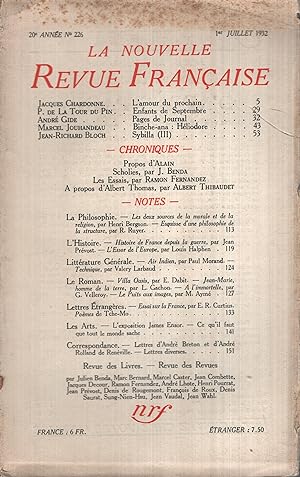 Bild des Verkufers fr La Nouvelle Revue Franaise Juillet 1932 N 226 zum Verkauf von PRISCA