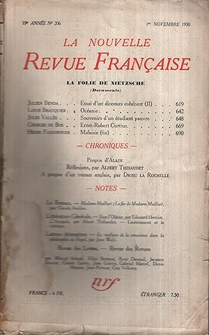 Bild des Verkufers fr La Nouvelle Revue Franaise Novembre 1930 N 206 zum Verkauf von PRISCA
