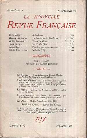 Imagen del vendedor de La Nouvelle Revue Franaise Septembre 1930 N 204 a la venta por PRISCA