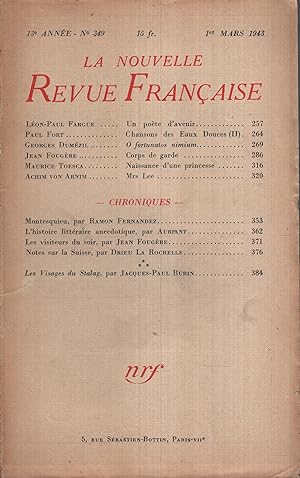 Imagen del vendedor de La Nouvelle Revue Franaise Mars 1943 N 349 a la venta por PRISCA