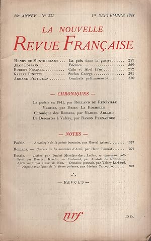Image du vendeur pour La Nouvelle Revue Franaise Septembre 1941 N 331 mis en vente par PRISCA