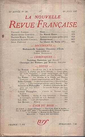 Seller image for La Nouvelle Revue Franaise Juin 1937 N 285 for sale by PRISCA