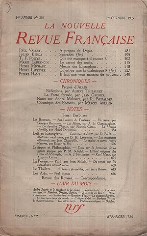 Bild des Verkufers fr La Nouvelle Revue Franaise Octobre 1935 N 265 zum Verkauf von PRISCA