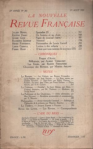Seller image for La Nouvelle Revue Franaise Aot 1935 N 263 for sale by PRISCA