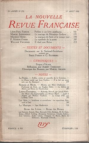 Seller image for La Nouvelle Revue Franaise Aot 1933 N 239 for sale by PRISCA