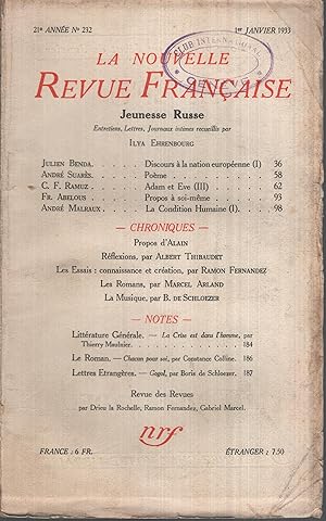 Seller image for La Nouvelle Revue Franaise Janvier 1933 N 232 for sale by PRISCA