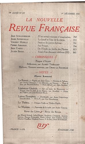 Bild des Verkufers fr La Nouvelle Revue Franaise Dcembre 1930 N 207 zum Verkauf von PRISCA