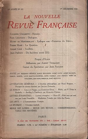 Immagine del venditore per La Nouvelle Revue Franaise Dcembre 1928 N 183 venduto da PRISCA