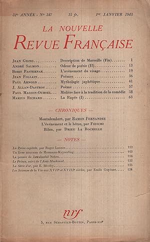 Immagine del venditore per La Nouvelle Revue Franaise Janvier 1943 N 347 venduto da PRISCA