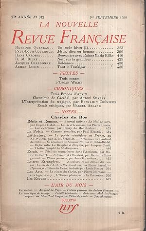 Seller image for La Nouvelle Revue Franaise Septembre 1939 N 312 for sale by PRISCA