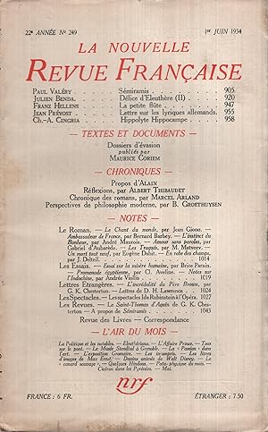 Immagine del venditore per La Nouvelle Revue Franaise Juin 1934 N 249 venduto da PRISCA