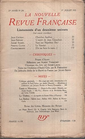 Seller image for La Nouvelle Revue Franaise Juillet 1933 N 238 for sale by PRISCA
