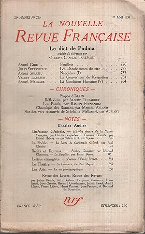 Seller image for La Nouvelle Revue Franaise Mai 1933 N 236 for sale by PRISCA