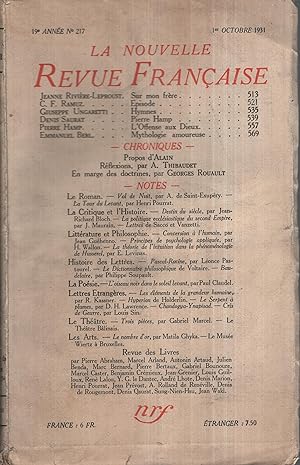 Bild des Verkufers fr La Nouvelle Revue Franaise Octobre 1931 N 217 zum Verkauf von PRISCA