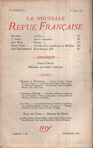 Bild des Verkufers fr La Nouvelle Revue Franaise Aot 1931 N 215 zum Verkauf von PRISCA